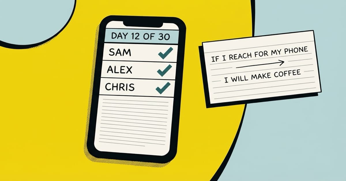 A phone showing a group board: a header reading Day 12 of 30 and three people, each checked off for today. Beside it a handwritten card: if I reach for my phone, I will make coffee.