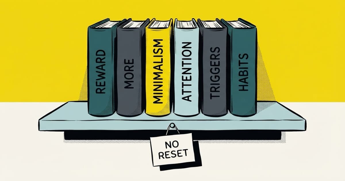Six hardbacks standing spine-out on a shelf, each spine carrying one word: REWARD, MORE, MINIMALISM, ATTENTION, TRIGGERS, HABITS. A paper tag hangs from the shelf edge reading NO RESET.