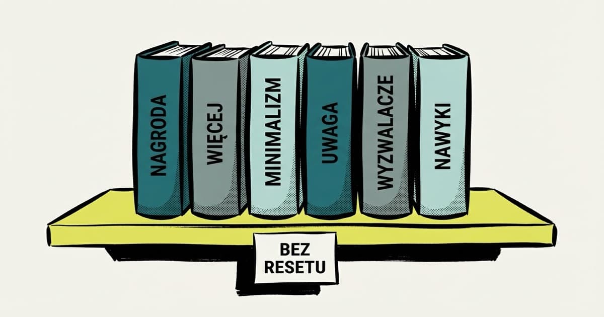 Sześć książek w twardej oprawie stojących grzbietami na półce; każdy grzbiet nosi jedno słowo: NAGRODA, WIĘCEJ, MINIMALIZM, UWAGA, WYZWALACZE, NAWYKI. Pod półką zwisa papierowa zawieszka z napisem BEZ RESETU.