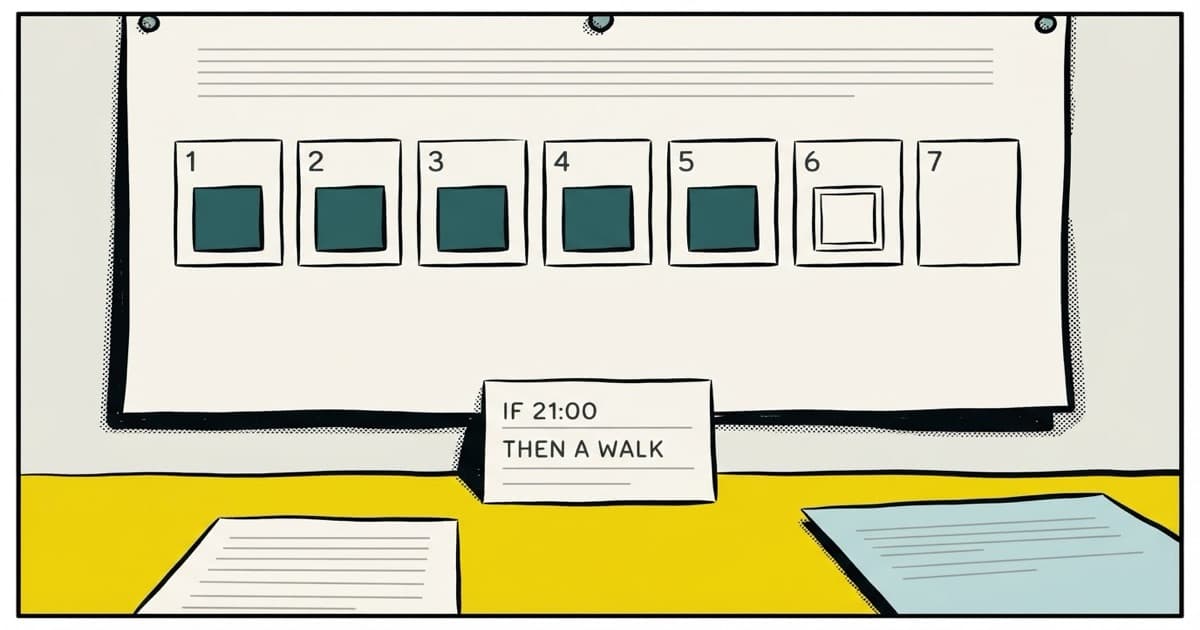 A calendar page with seven squares in a row numbered 1 to 7. Five hold a filled teal square, one a hollow outline, the last is empty. Below, an index card with two lines: IF 21:00 and THEN A WALK.
