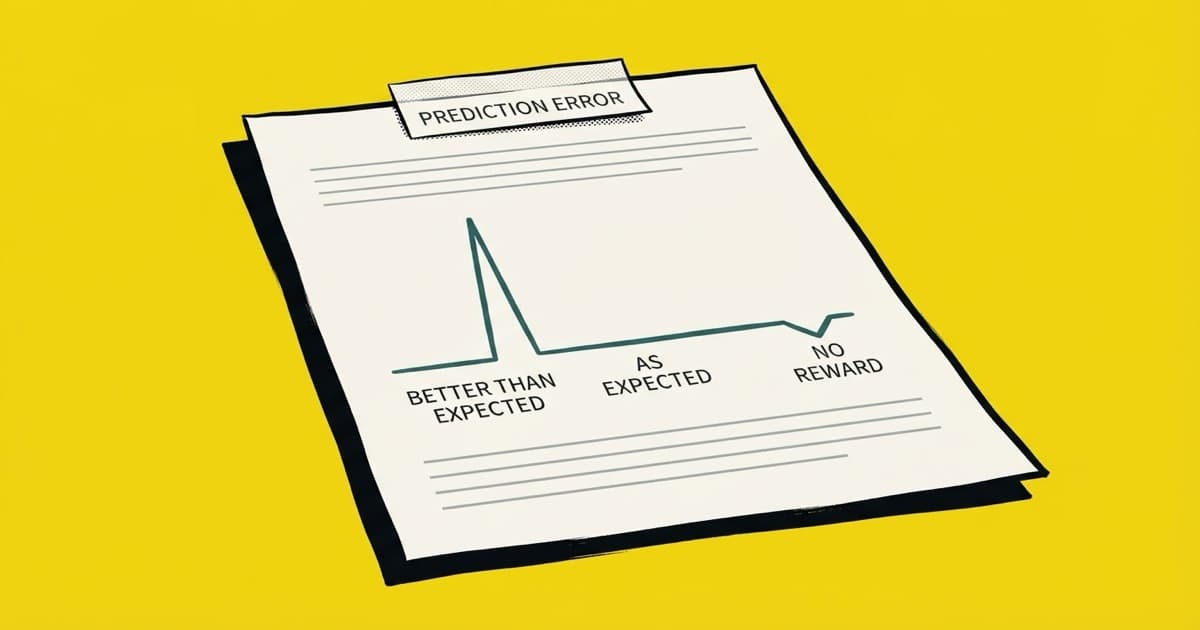 A sheet with a teal line graph: flat baseline, one tall spike, a return to baseline and one dip below it. Captions under the three events read BETTER THAN EXPECTED, AS EXPECTED, NO REWARD. A label at the top of the sheet reads PREDICTION ERROR.