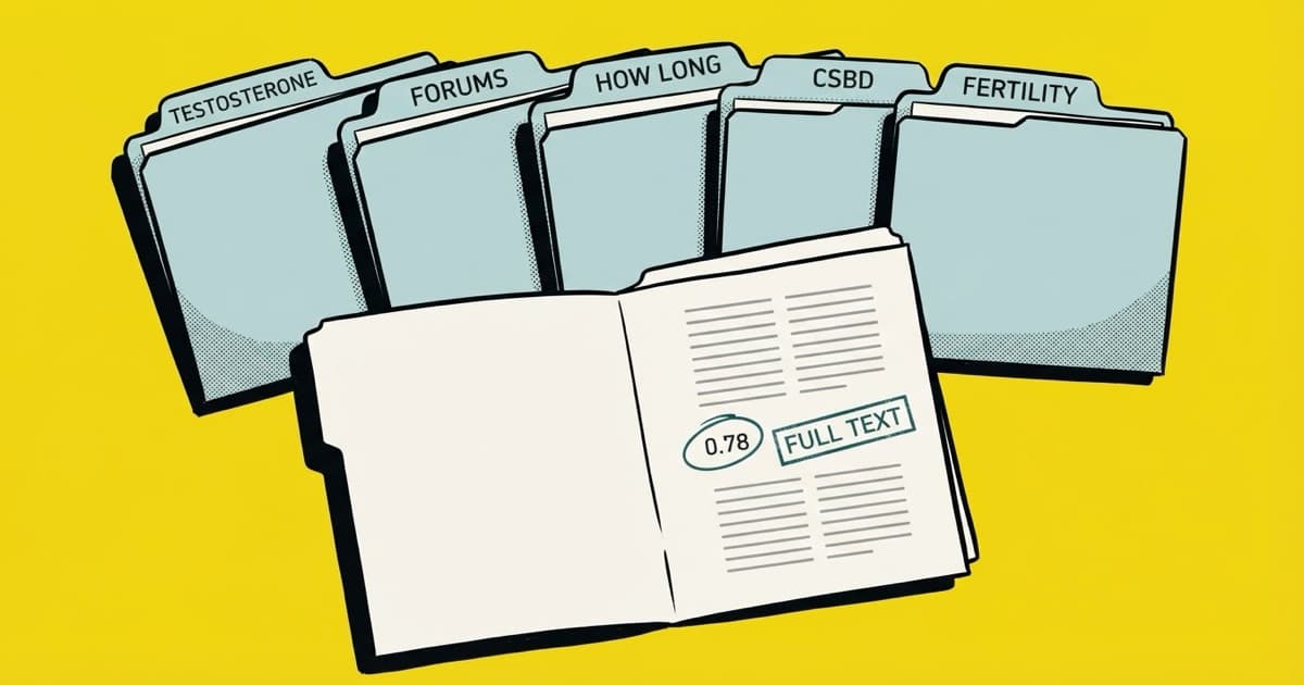 Five tabbed folders reading Testosterone, Forums, How long, CSBD and Fertility. In front of them an open page with the figure 0.78 ringed and a stamp reading Full text.