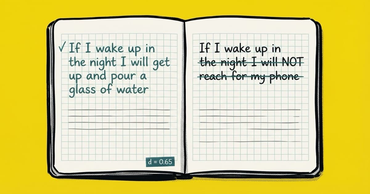 An open notebook on a desk. On the left page the sentence "If I wake up in the night, I will get up and pour a glass of water" with a hand-drawn tick beside it. On the right the same sentence ending "I will NOT reach for my phone", struck through with a single line. Below them a stamp reading "d = 0.65".