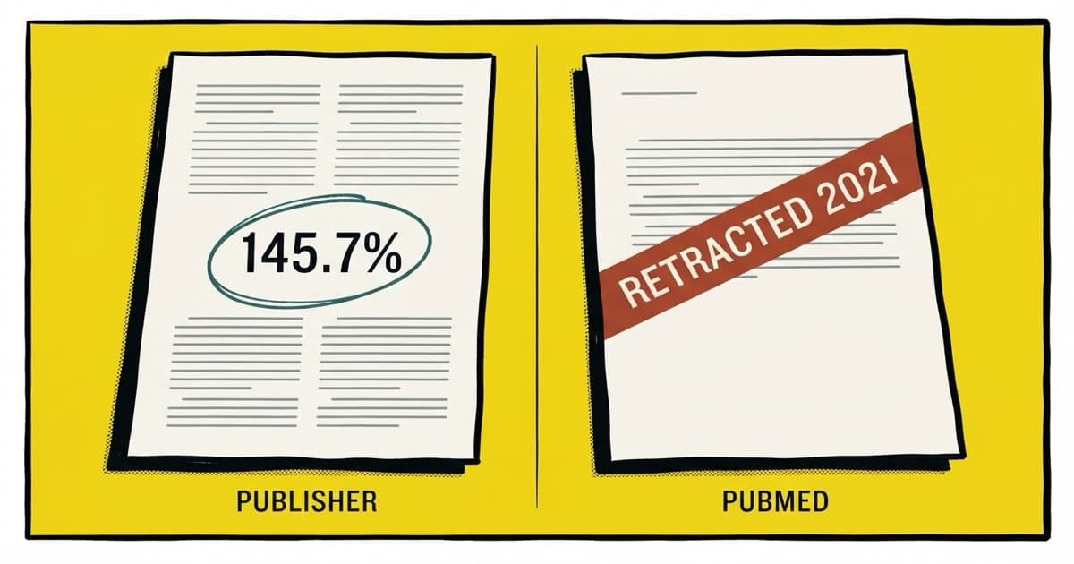 The same paper twice. Intact on the publisher's page with 145.7% ringed, and on PubMed crossed by a diagonal band reading Retracted 2021.
